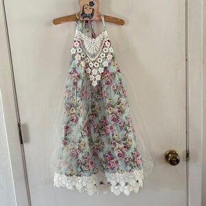 Just Couture light blue floral halter sundress tulle overlay crochet lace Size 7